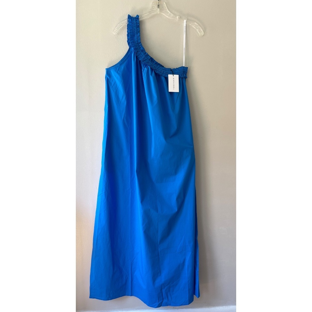 Bird & Knoll Xl Blue Donatella Poplin Maxi Stretch Dress One Shoulder Pockets